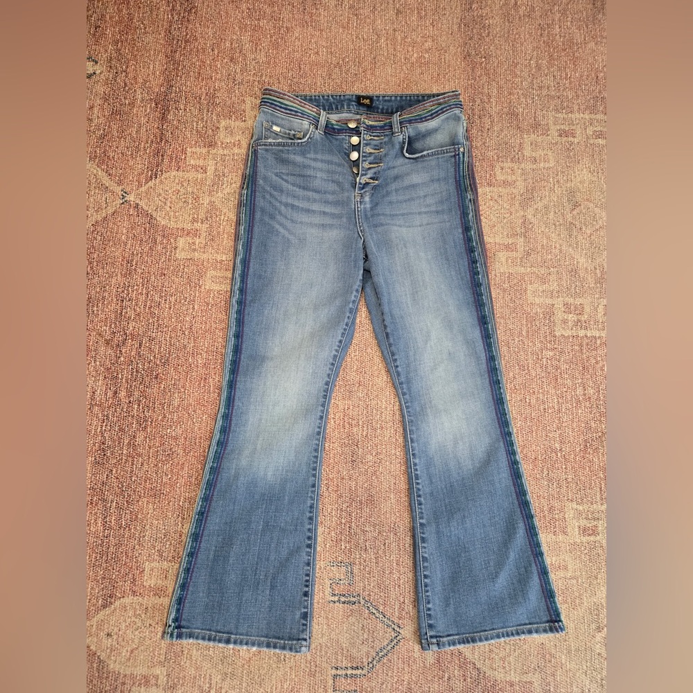 Lee y2k high waist rainbow stripe button fly kick flare crop jeans 8